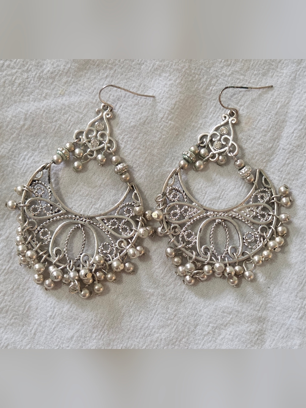 Large Silver Tone Filigree Chandelier Boho Festival  Earrings With Bead Dangles